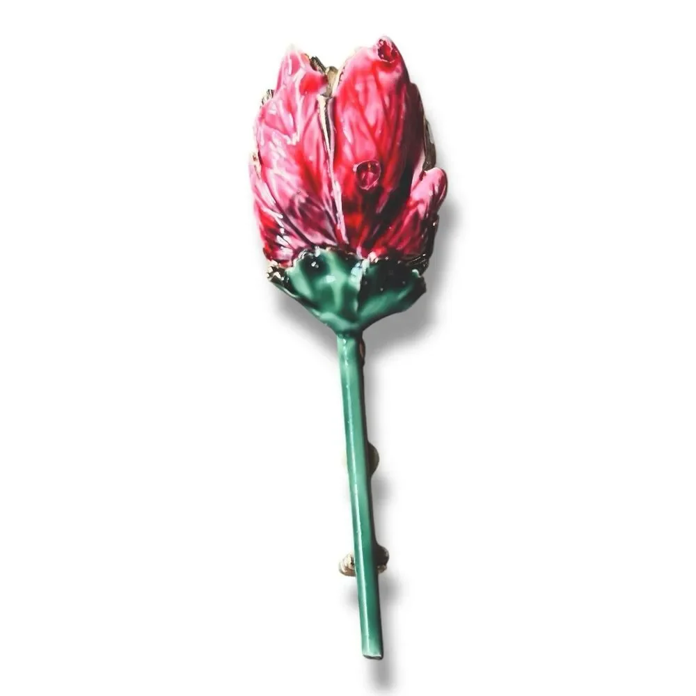 VTG Sandor Brooch Pink Enamel Flower Tulip Peony Gold Tone Mid Century Signed